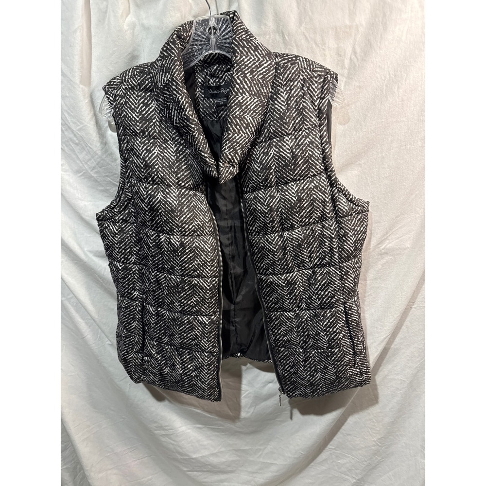 Charlie Paige Womens Black White Chevron Puffer Vest Quilted Zip Up Large
